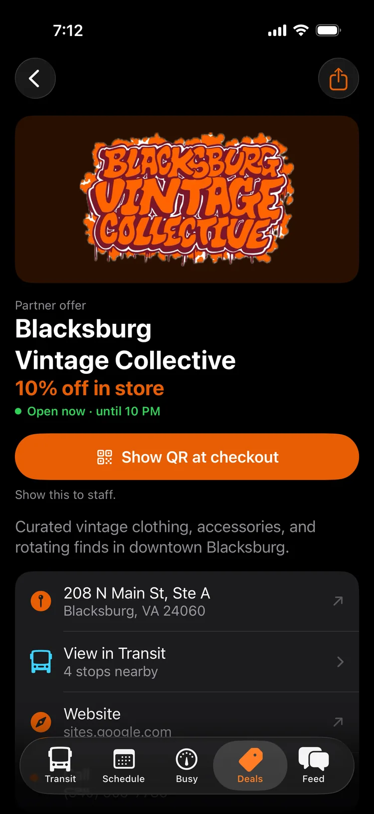 A student deal from Blacksburg Vintage Collective: 10% off in store, with a Show QR at checkout button.