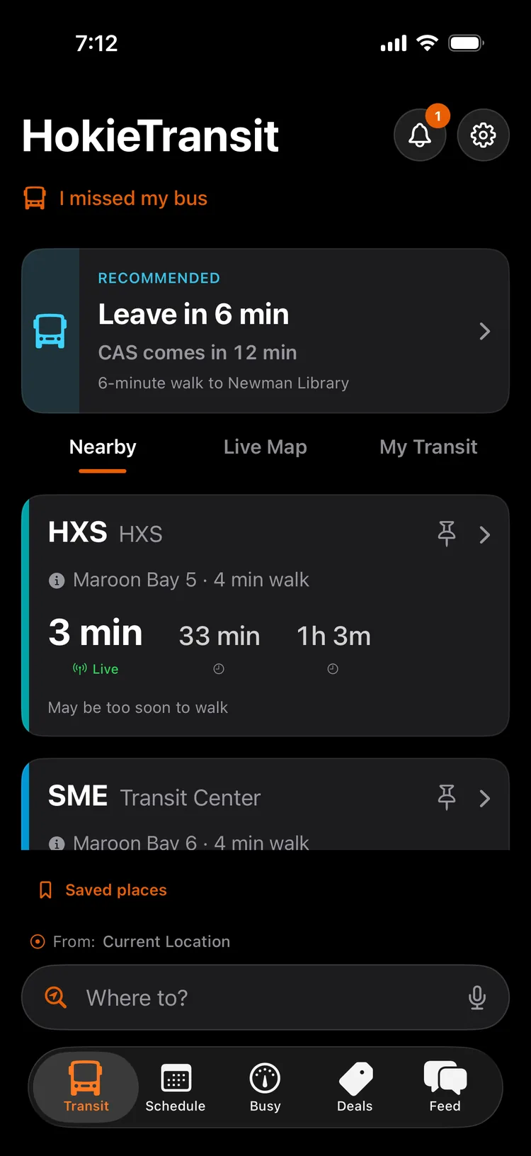 The Transit tab: a recommended trip that says leave in 6 minutes, and the HXS bus at Maroon Bay 5 in 3 minutes, marked Live.