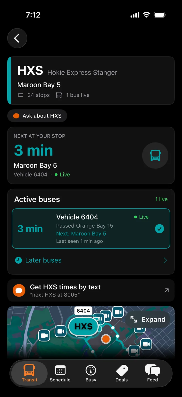 The HXS route: next bus at Maroon Bay 5 in 3 minutes, vehicle 6404, Live, last seen 1 minute ago.